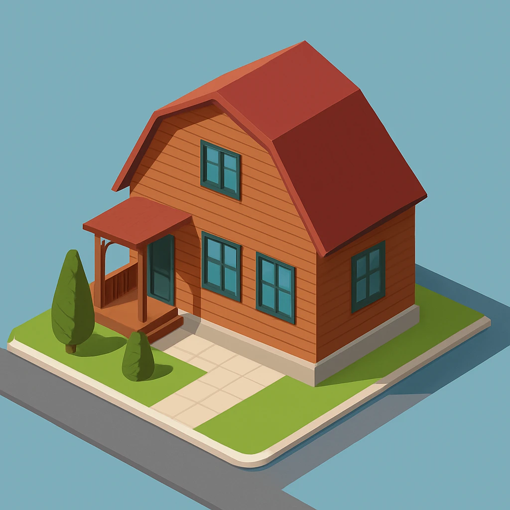isometric illustration of the building. 3D isometric infographic design. Clean lines, bright and saturated colors, minimal unnecessary details. View from above at an angle (isometric), showing the roof, facade, and part of the surrounding area. Soft shadows, daylight lighting, no harsh contrasts. Background should be solid (blue, gray, or light tone). Add a small area around the building (roads, tiles, grass) so the building looks complete. Accurately represent the architectural features of the building (roof shape, facade, colors). Final style should be neat and polished, similar to posters or educational infographics. emoji