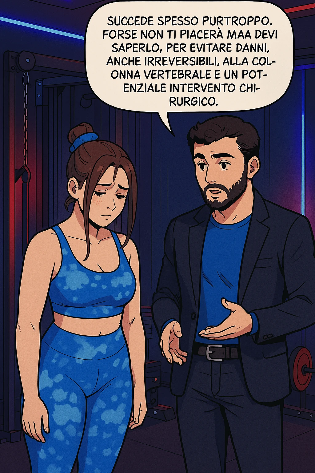 fai questa immagine in versione fumetto/manga/webtoon a colori, il manga mostra l'uomo che risponde alla donne:
Succede spesso purtroppo. 
Forse non ti piacerà ma devi saperlo, per evitare danni, anche irreversibili, alla colonna vertebrale e un potenziale intervento chirurgico. emoji