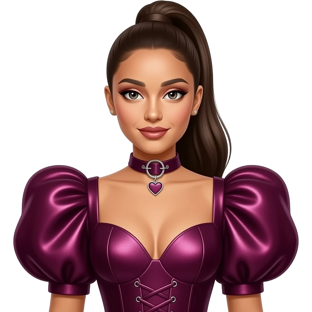 Ariana Grande wears a deep burgundy or plum-colored set with a dramatic, avant-garde silhouette. It has puff sleeves and a high, buckled choker neck, accented by a heart-shaped pendant. The fabric has a subtle, shimmering texture. The look is completed by her signature high ponytail emoji