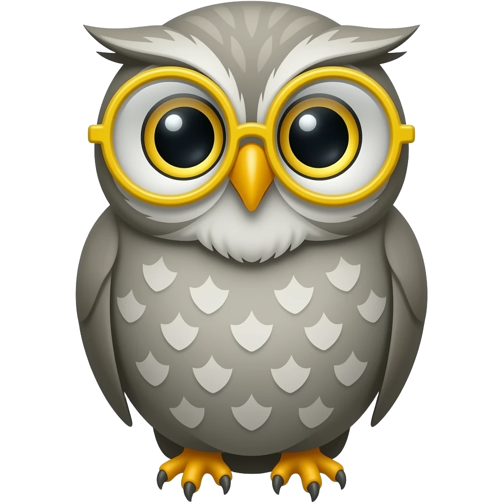 Education grey owl wearing round yellow glasses emoji
