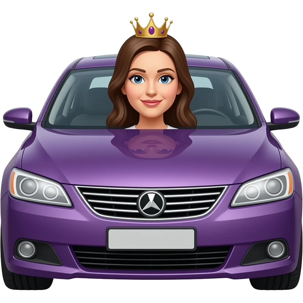 A purple sedan car with a  real female queen head on the hood emoji