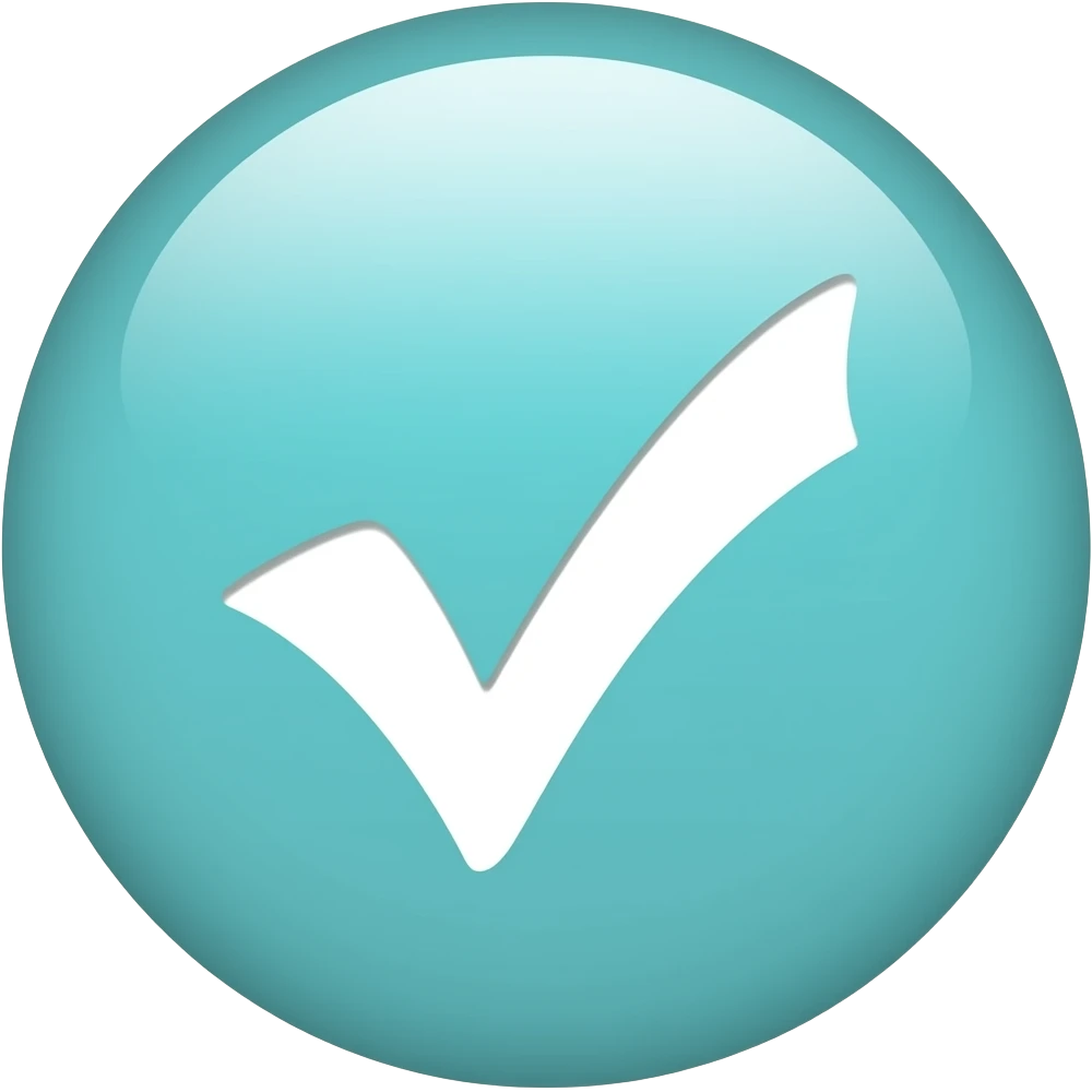 Create a white checkmark with a light cyan circle as a background; it should have no shadows or highlights, but it should be smooth and 2D,no lights emoji