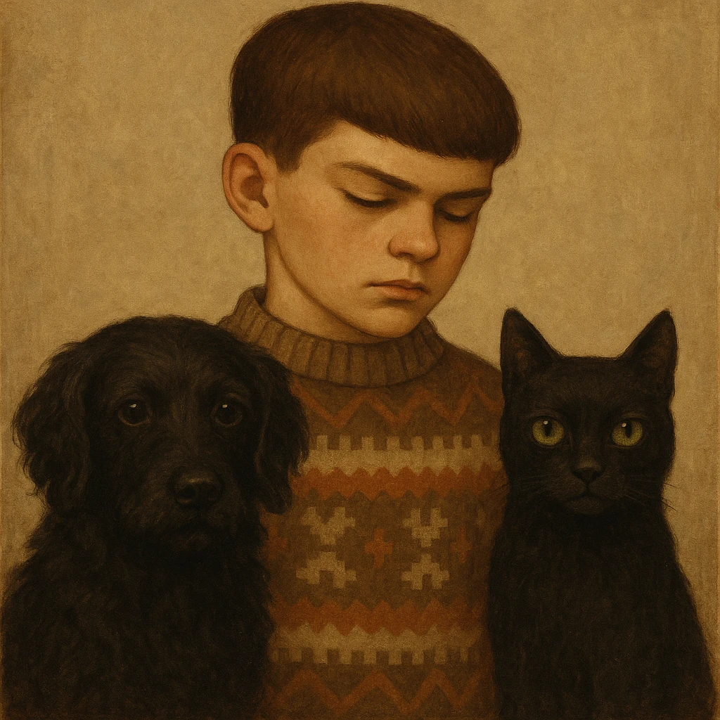 A kid with a chiseled jawline, brown eyes, and flat brown hair facing down, wearing a vintage sweater, standing with a black dog with wavy hair and black eyes, and a black cat with straight hair and green eyes emoji