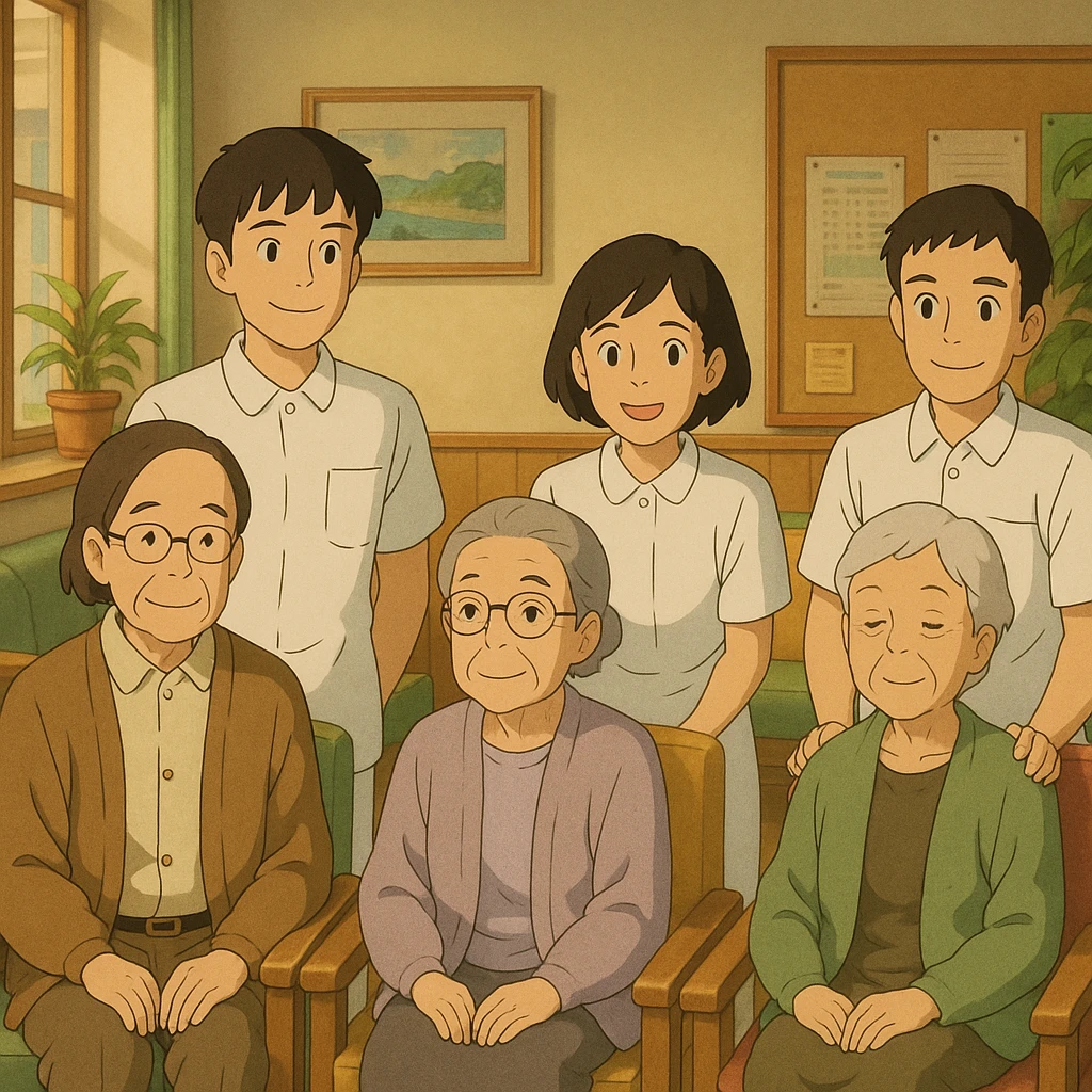 Four nursing students inspired by provided faces, wearing complete white short-sleeve uniforms without stethoscopes, accompanying elderly seated patients, Ghibli style, friendly waiting room decor. emoji