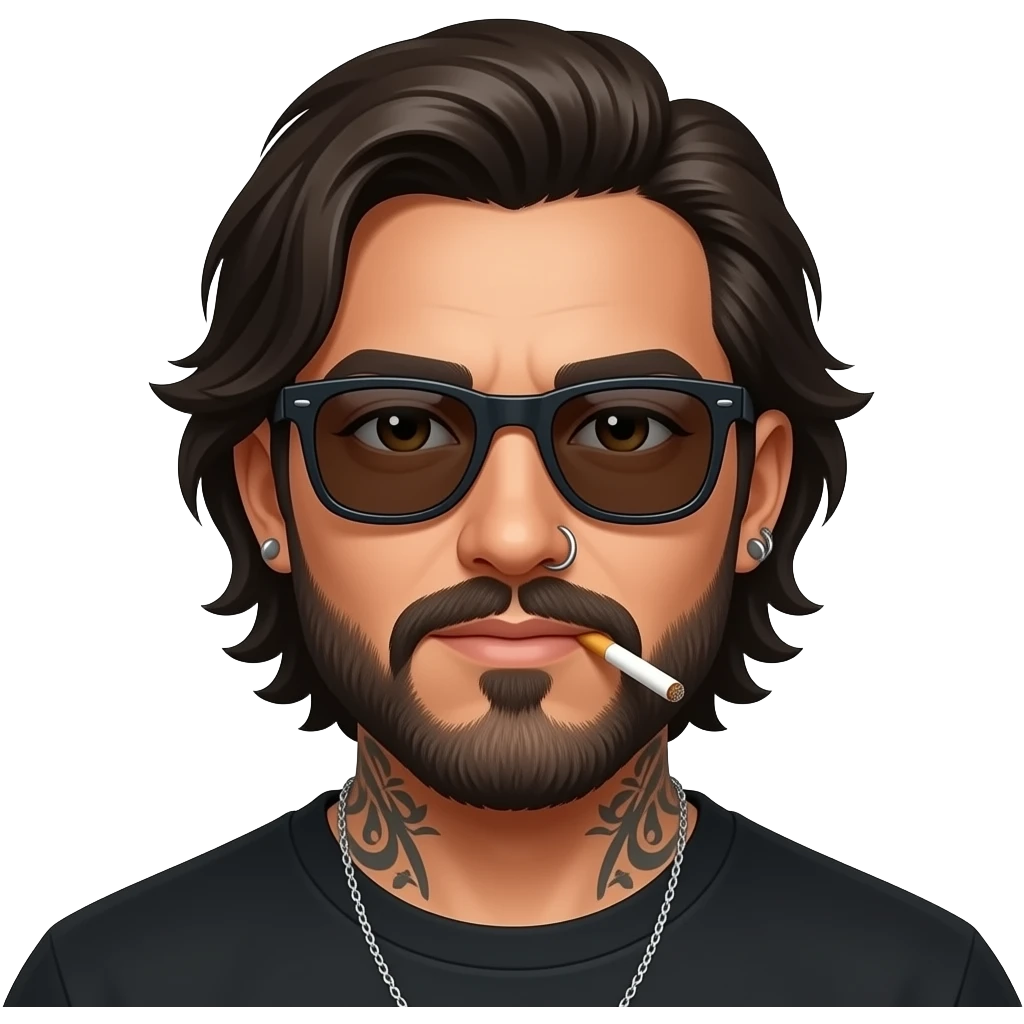 The handsome manly Latino podcast host with medium length hair, a long  slightly graying beard and tattoos with his ears pierced and a nose ring on the right side, dark brown eyes, dark sunglasses, smoking cigarettes emoji