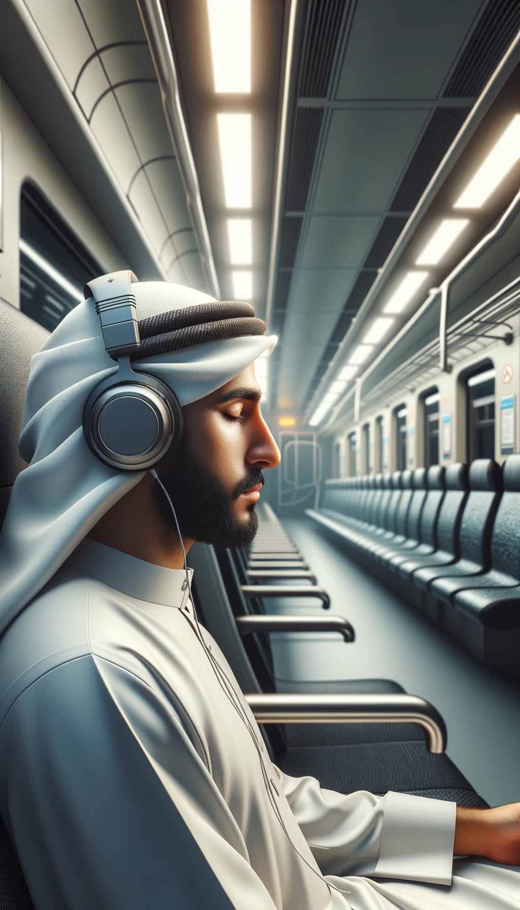 UOMO che ASCOLTA MUSICA CON LE CUFFIETTE NELLE ORECCHIE E GLI OCCHI CHIUSI SEDUTO SUL SEDILE DI UN TRENO, sullo sfondo L'INTERNO DELLA CABINA DI UN TRENO con toni chiari neutri, iperrealistico 4k emoji