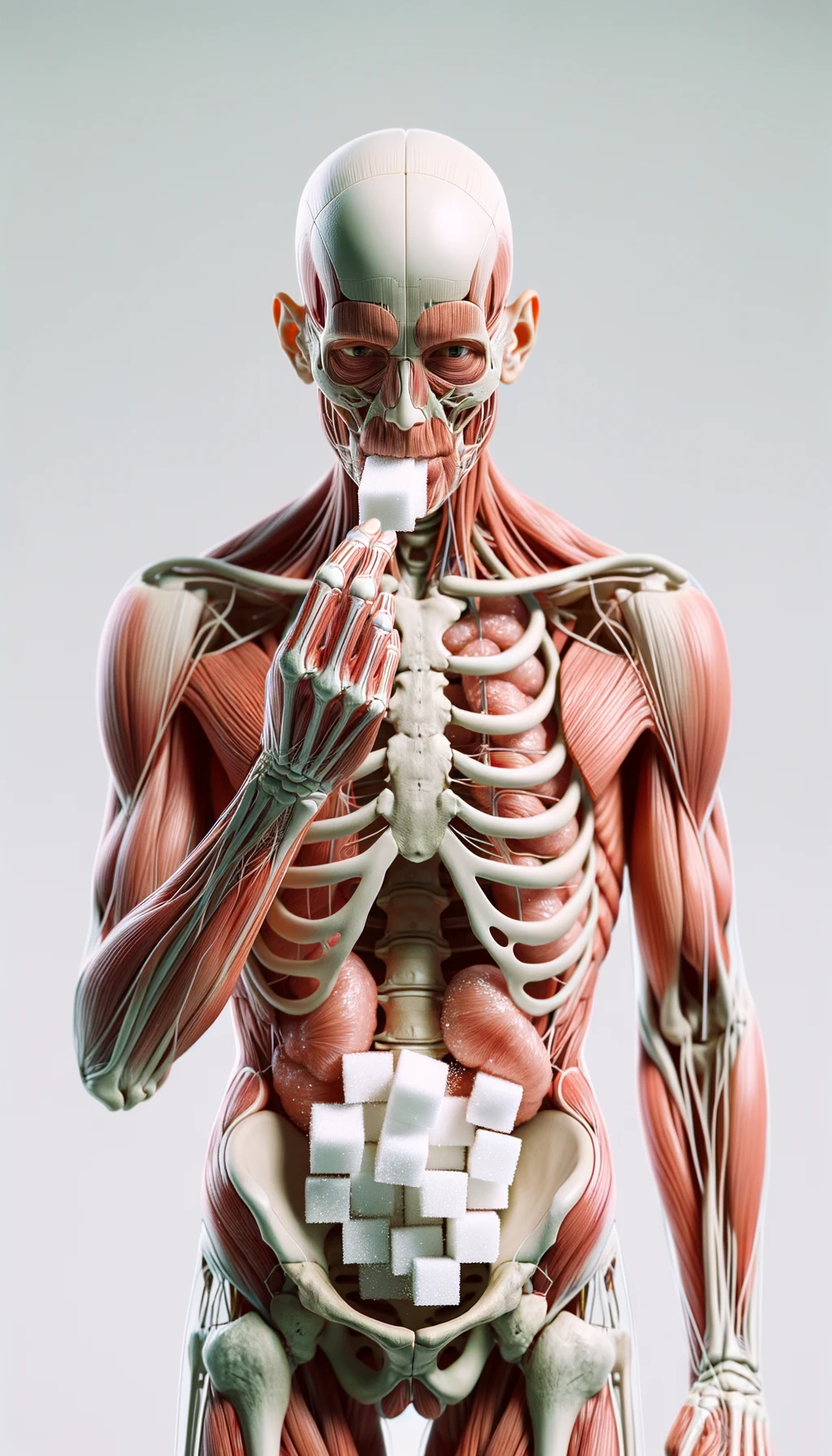 corpo umano anatomico in piedi a figura intera che mangia zollette di zucchero, posa frontale, iperrealistico 4k, isolato su sfondo bianco emoji