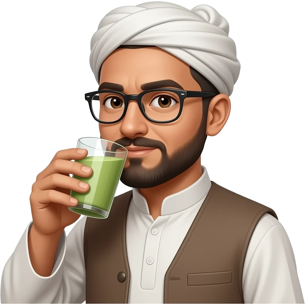 Afghan man with tan skin no beard buzz cut and glasses and buzz cut drinking matcha emoji