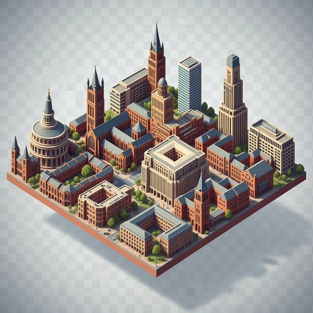 Isometric illustration-model of Birmingham, balanced between stylized and realistic, 3D miniature effect, transparent background. emoji