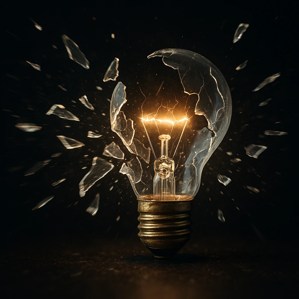 a shattered lightbulb with glass fragments flying outward, dynamic composition emoji