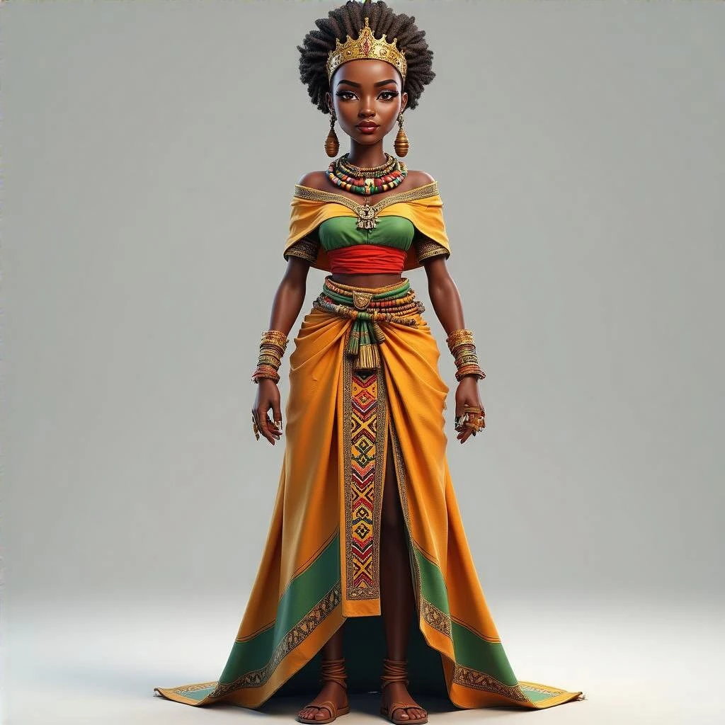 Create me a Stylized 3D Character Art of an beautiful African queen wearing traditional modern Ethiopian Habesha dress for a Strategy Game. Make it have a balance of realism and caricature. emoji