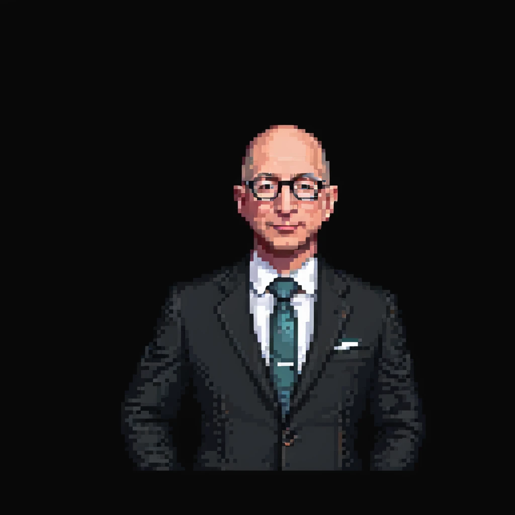 pixel art portrait of Jeff Bezos, bald, glasses, suit, simple background emoji