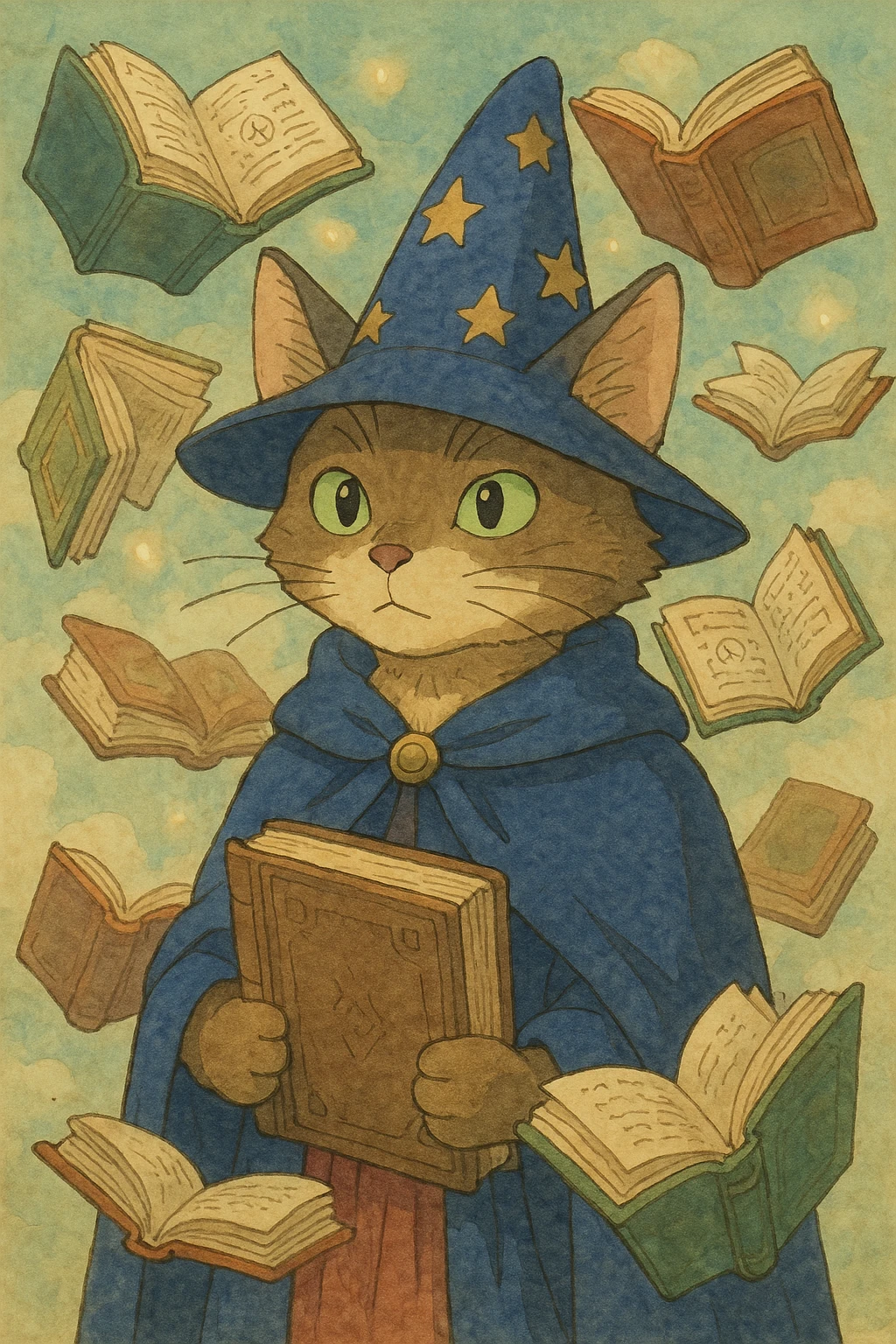 cat wizard, detailed, whimsical, soft colors, surrounded by floating magical books, ghibli style emoji
