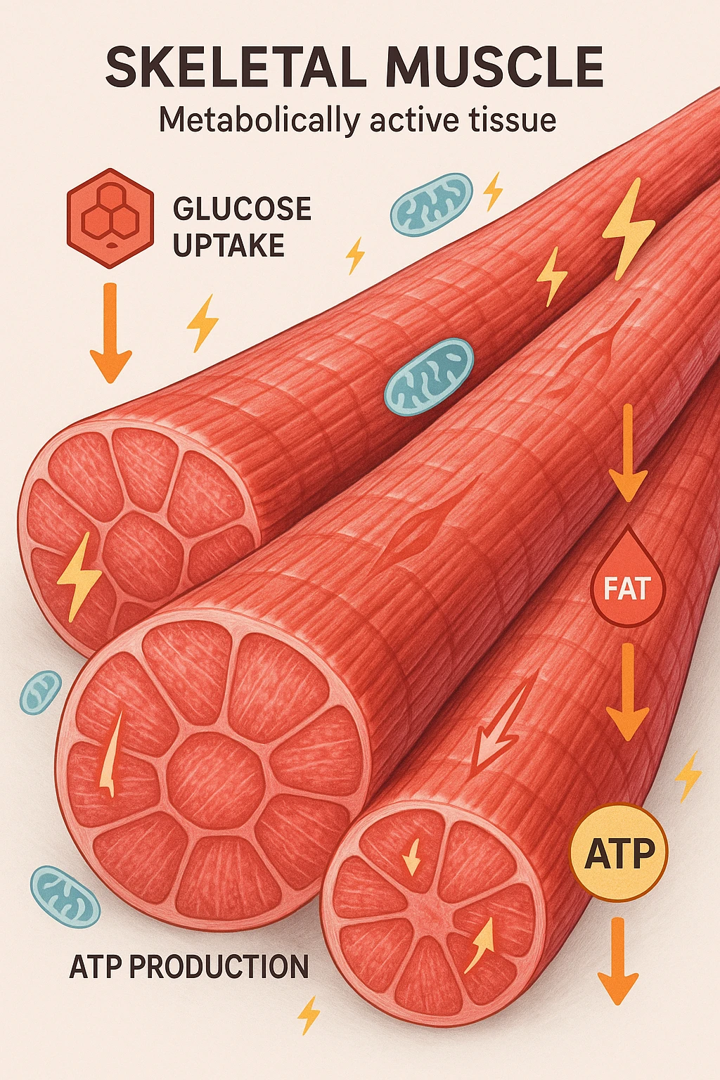 a highly detailed cross-section of human skeletal muscle fibers, shown in vibrant red and pink tones, with visible striations and realistic texture. Glowing arrows and animated icons represent active metabolic processes—such as glucose uptake, fat oxidation, and ATP production—occurring within the muscle tissue. Surrounding the muscle, floating symbols for mitochondria and energy highlight its metabolic activity. The background is clean and clinical, with subtle labels and infographics explaining that muscle is a metabolically active tissue. The overall style is modern, scientific, and visually engaging, suitable for educational or medical use. in italiano emoji