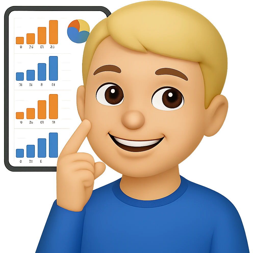 Person thinking with graphs in the background, smiling, in apple emoji style with a green background. emoji