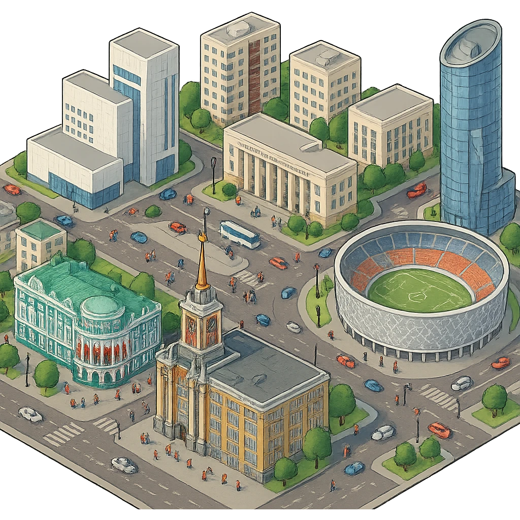 Изометричная миниатюрная фотореалистичная 3D модель Екатеринбурга - Дом Севастьянова, Ельцин-центр, Уральский федеральный университет, дома, Екатеринбург Арена, Штаб-квартира Русской медной компании, Здание Свердловского городского совета народных депутатов, четкие линии, яркие цвета, мультяшный реализм, люди, автотранспорт, компактная композиция, вид сверху в изометрии, прозрачный фон emoji