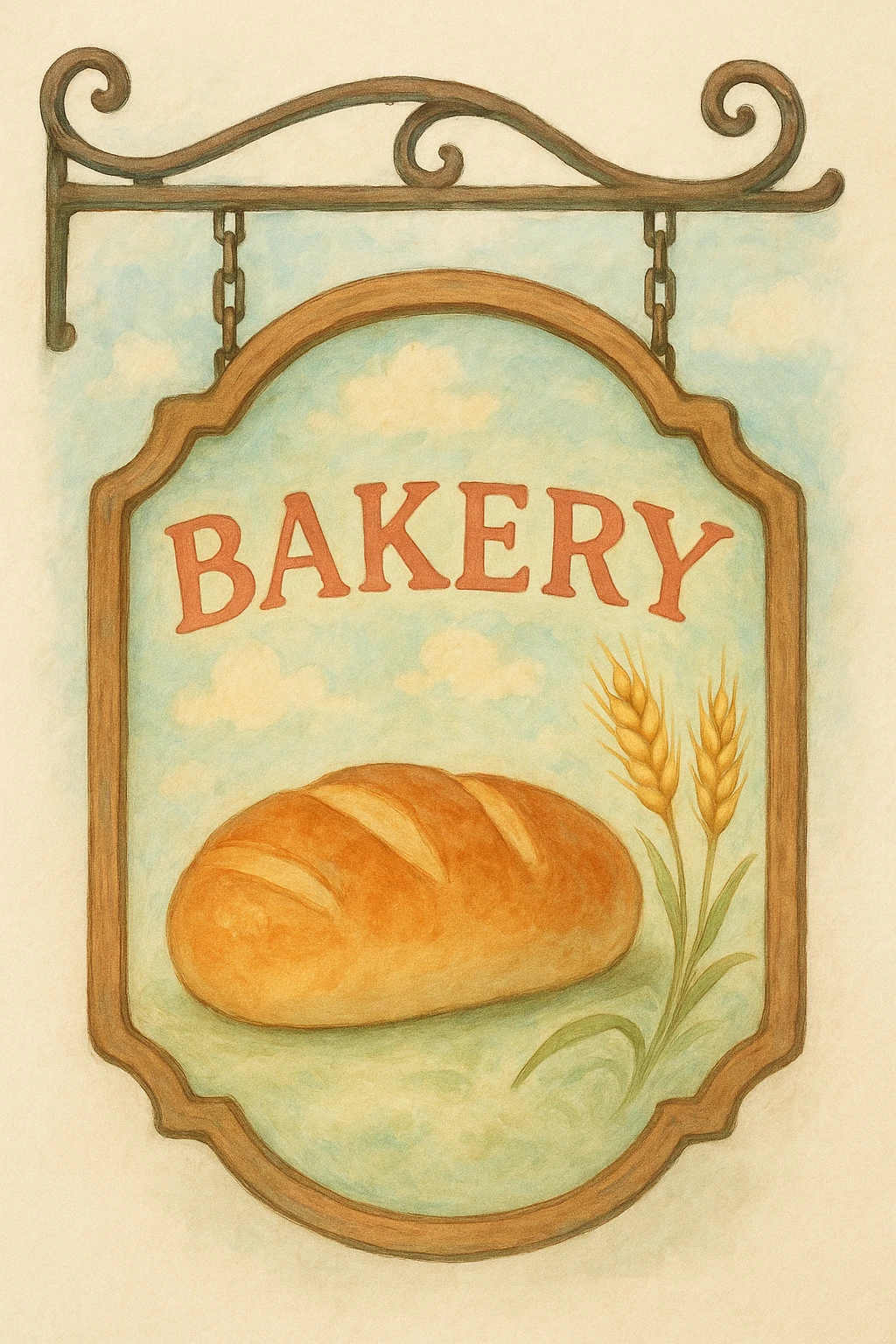 a ghibli-inspired bakery sign with a loaf of bread and wheat, gentle colors, dreamy look emoji
