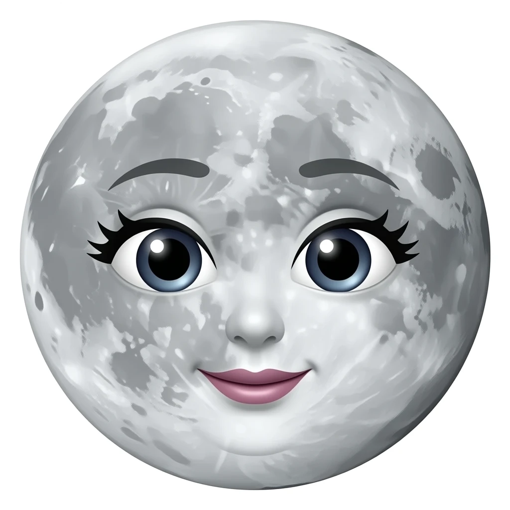 planet Moon with a cartoon kind face with feminine eyes and round craters for the moon emoji