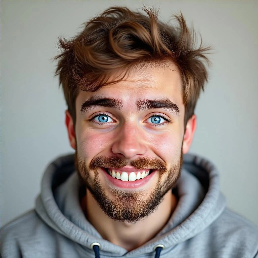 20 year old man, short scruffy beard and thin moustache, brown puffy mullet, blue eyes, big smile, white teeth, big lips, pronounced jaw, hair longer in back, sticking up on top, thin face, grey hooded sweatshirt, blue eyes emoji