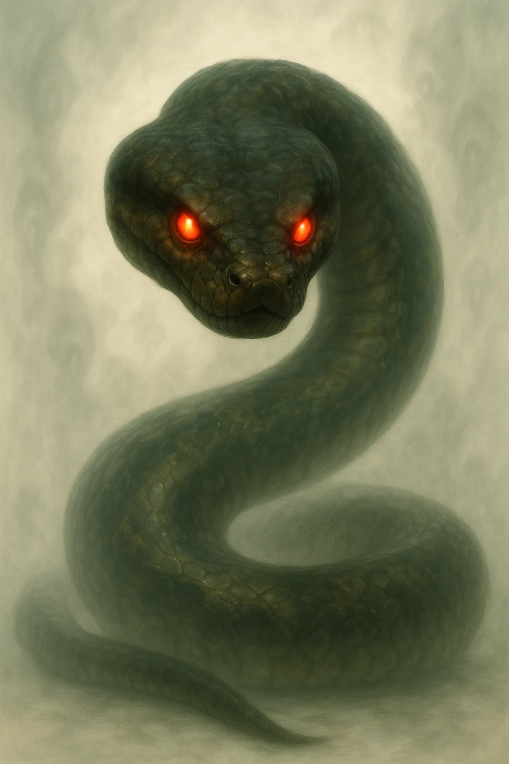 Transform the rat into an evil anaconda-type creature, menacing and serpentine, keeping the sinister, light-colored background and the hyper-realistic, soft, glowing art style. The creature should look menacing and serpentine with a glowing, hyper-realistic appearance and a soft light effect on a light-colored sinister background. emoji