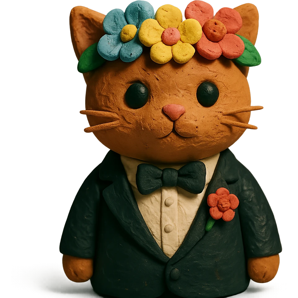 A kitten dressed in a tuxedo and wearing a flower crown emoji