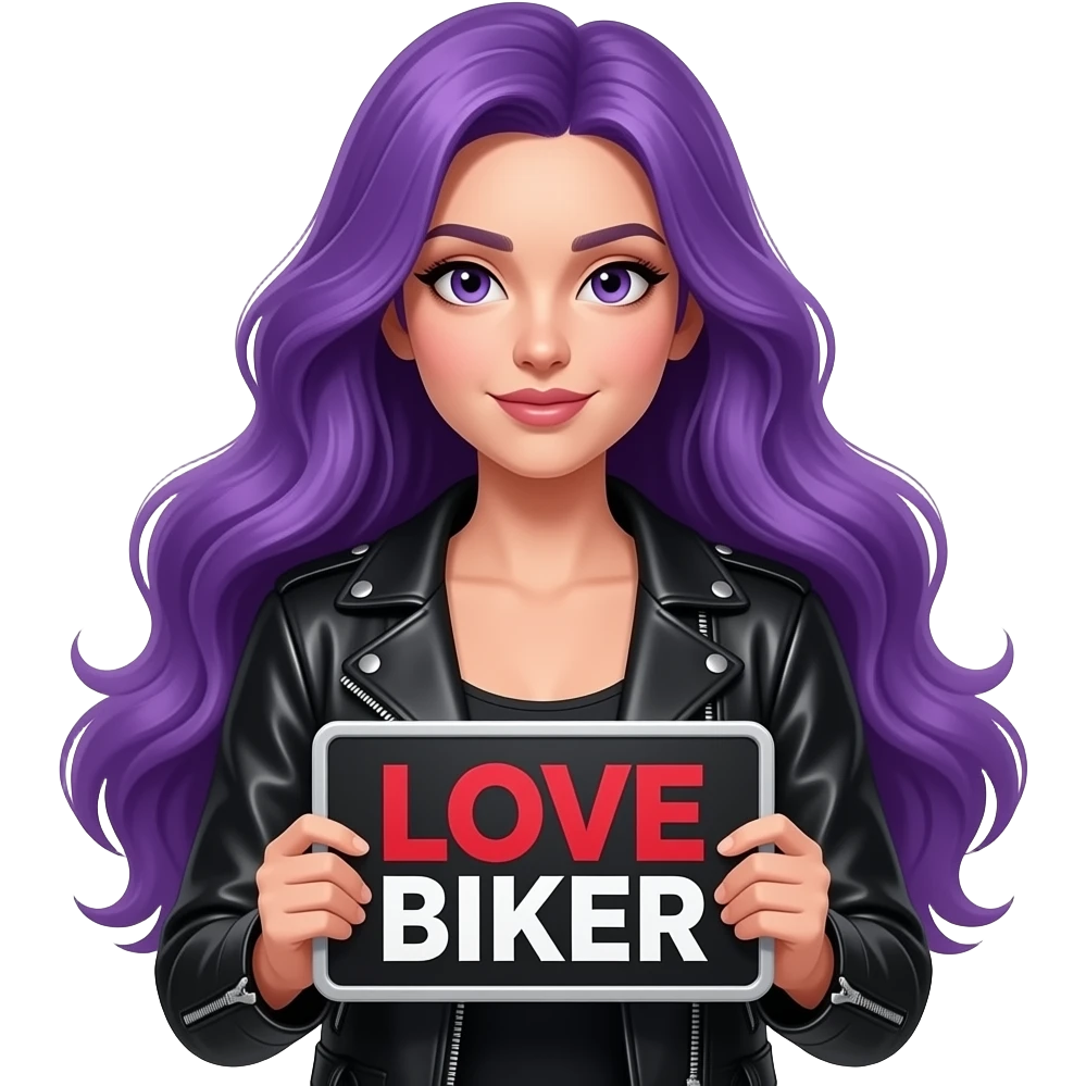sexy girl with long purple hair holding a LOVE BIKER sign emoji