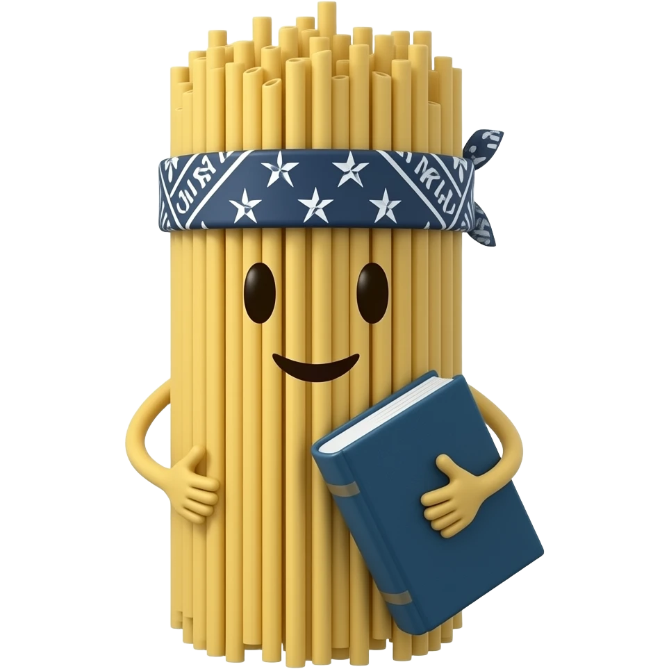 Spaghetti noodles holding Bible and Wearing bandanna with a face emoji