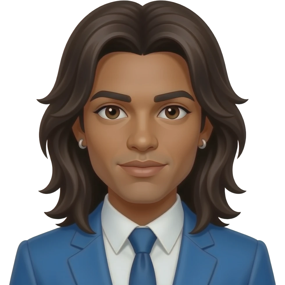 Fab Morvan from Milli Vanilli with dark skin, dark brown eyes, long dark brown shoulder-length hair, blue 80s new romantic suit, earrings emoji