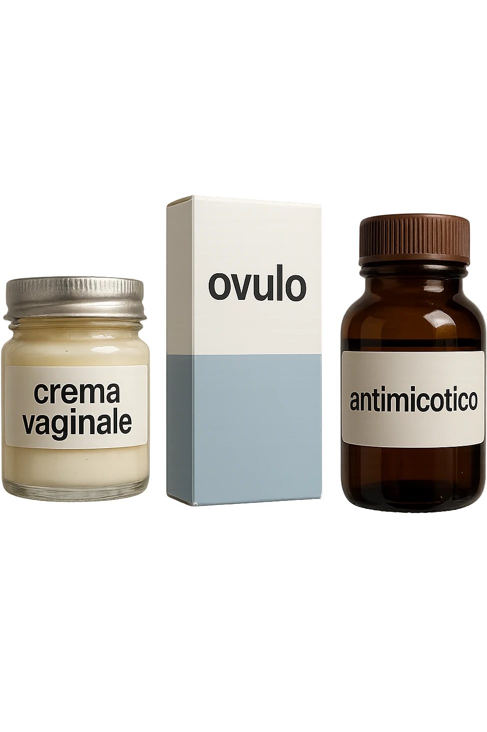 un barattolo di crema con la scritta "crema va**ale", una scatola con farmaco con la scritta "ovulo", un barattolo di farmaco con la scritta "antimicotico" in italiano sulle etichette, fluttuano in aria, IPERREALISTICO 4K emoji