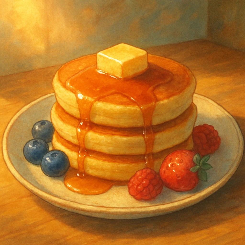 a Ghibli-inspired plate of pancakes with syrup and fruit, illustrated with dreamy, painterly textures emoji
