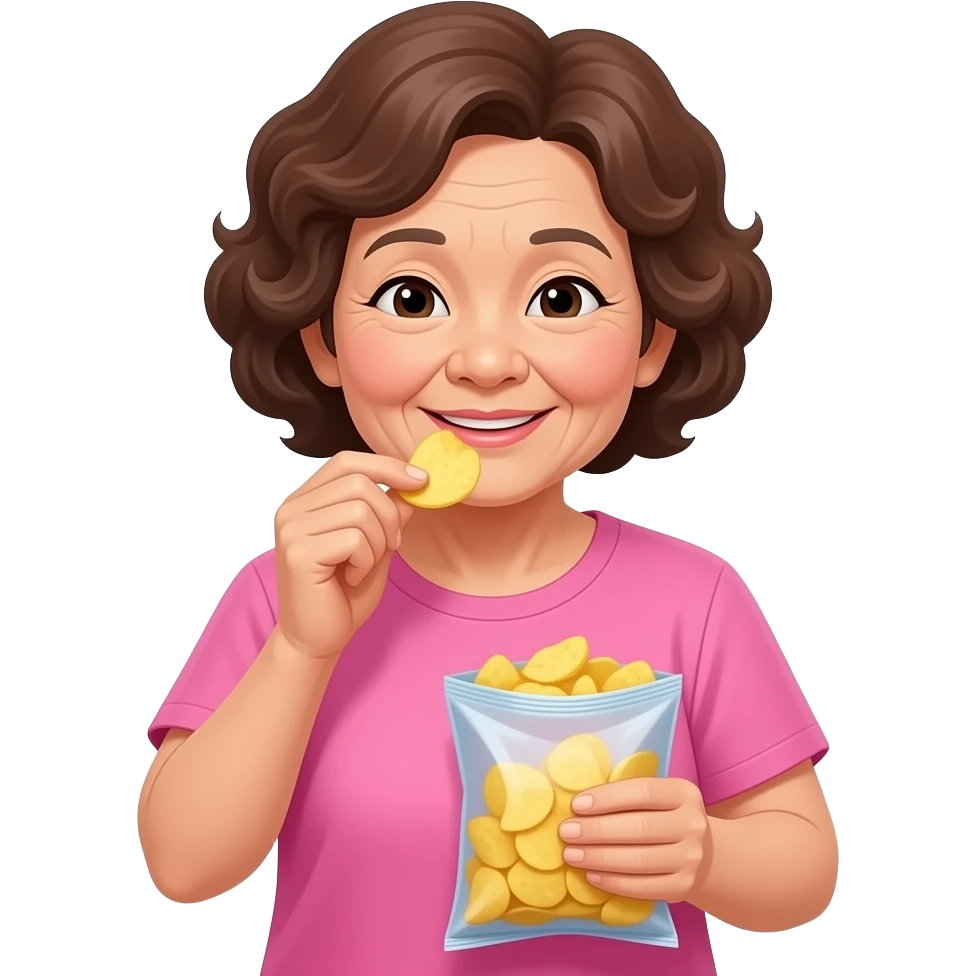 Asian grandma wearing pink tshirt with curly short brown hair eating potato chips emoji
