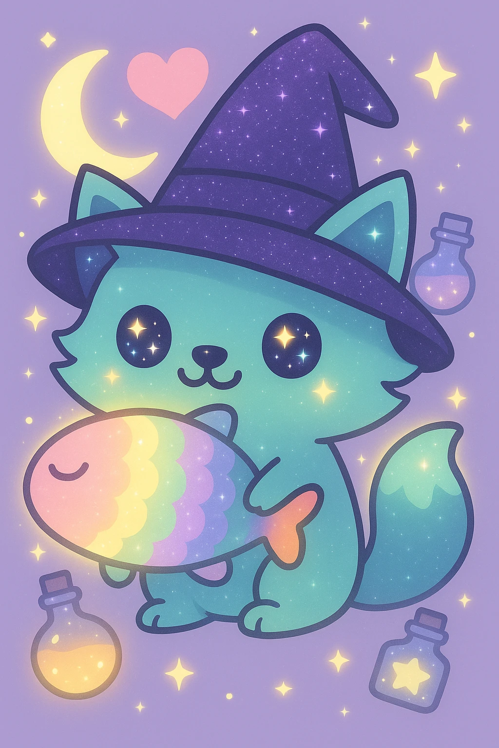 Make the rainbow fish glow with a magical aura and change the blue fox to a neon teal color, keep the purple sparkly witch hat, magical background, and big pink heart in kawaii cartoon style. emoji