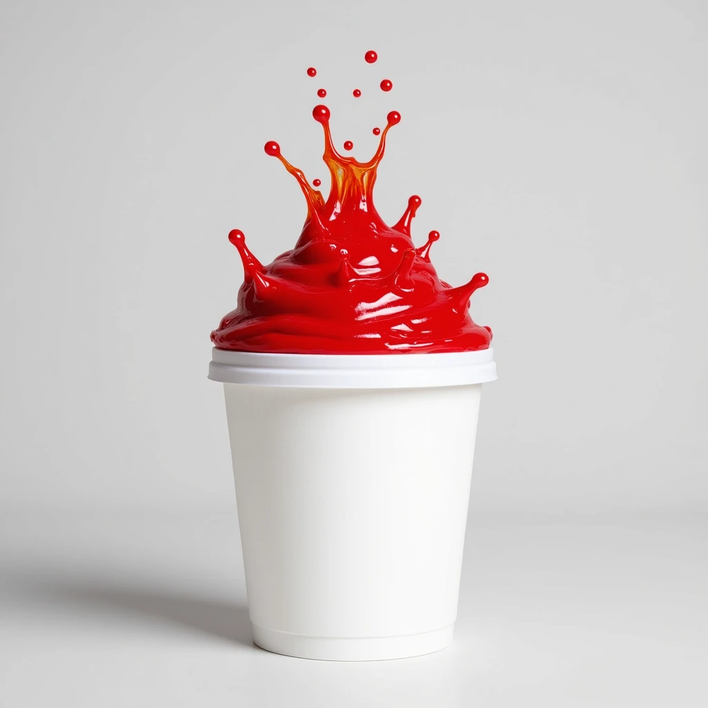 a tall white Styrofoam cup with red gel splashing out, clean background, focus on the splash and cup, realistic details emoji