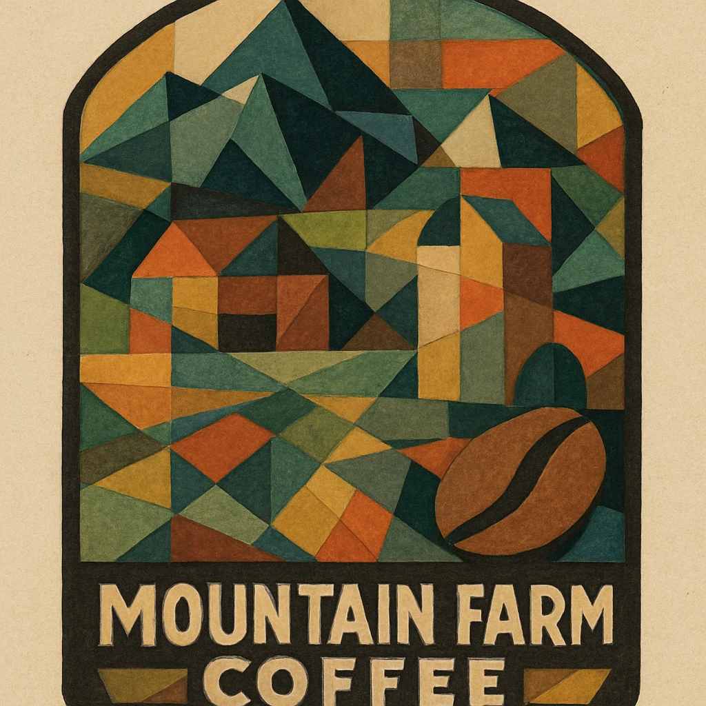 mountain farm coffee logo, vintage badge style emoji
