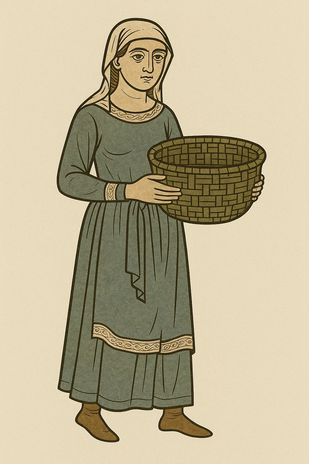 Edit the image to depict a medieval peasant woman with a basket, standing in a relaxed pose with a transparent background, maintaining the medieval art style and details. emoji