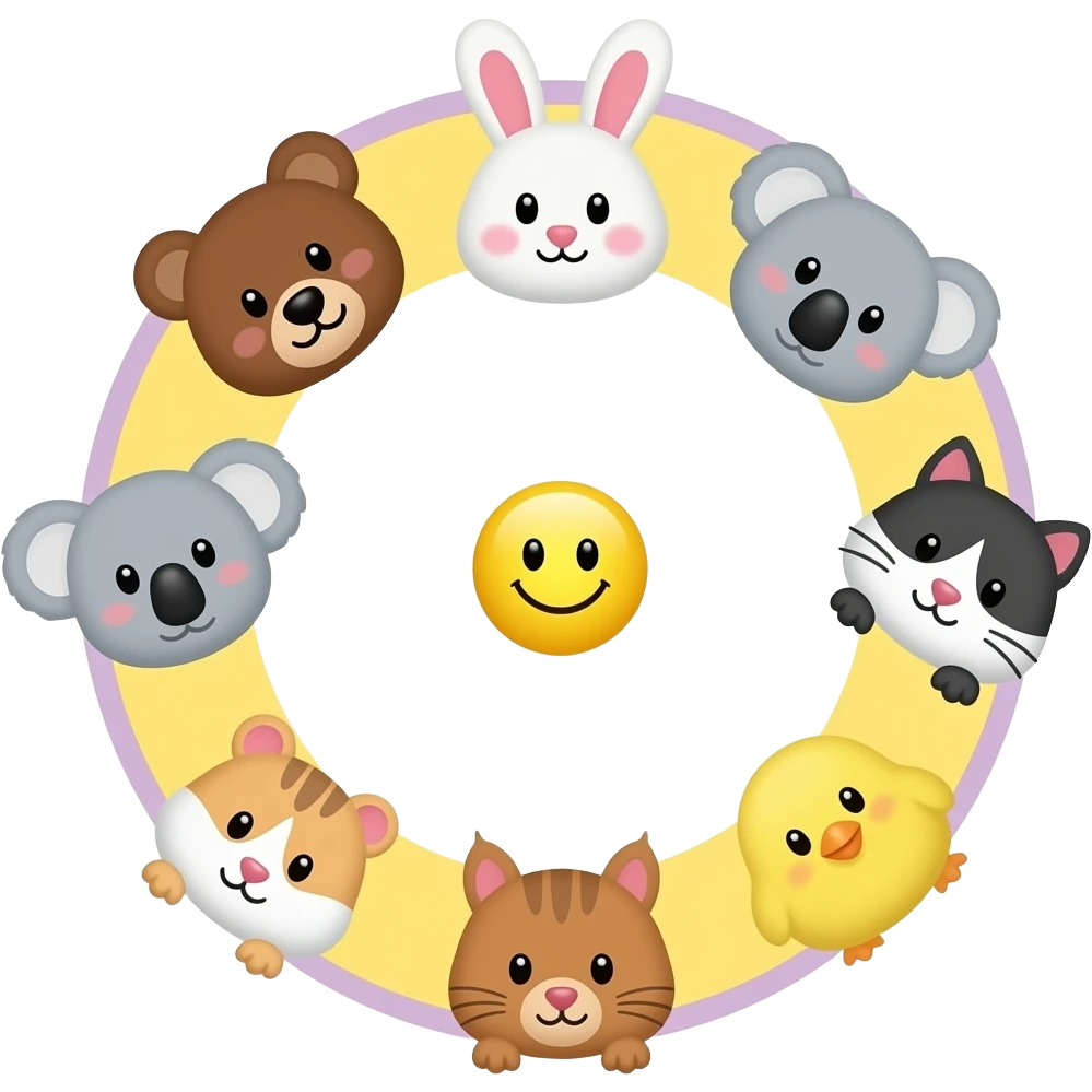 Smaller Yellow Smiley in the centre,with space to write around the smiley, circle form ,serrounded by the head only of these symbol 🐻🐰🐨🐈🐹🐿🐥 Small size. Bright yellow background, light purple outline emoji