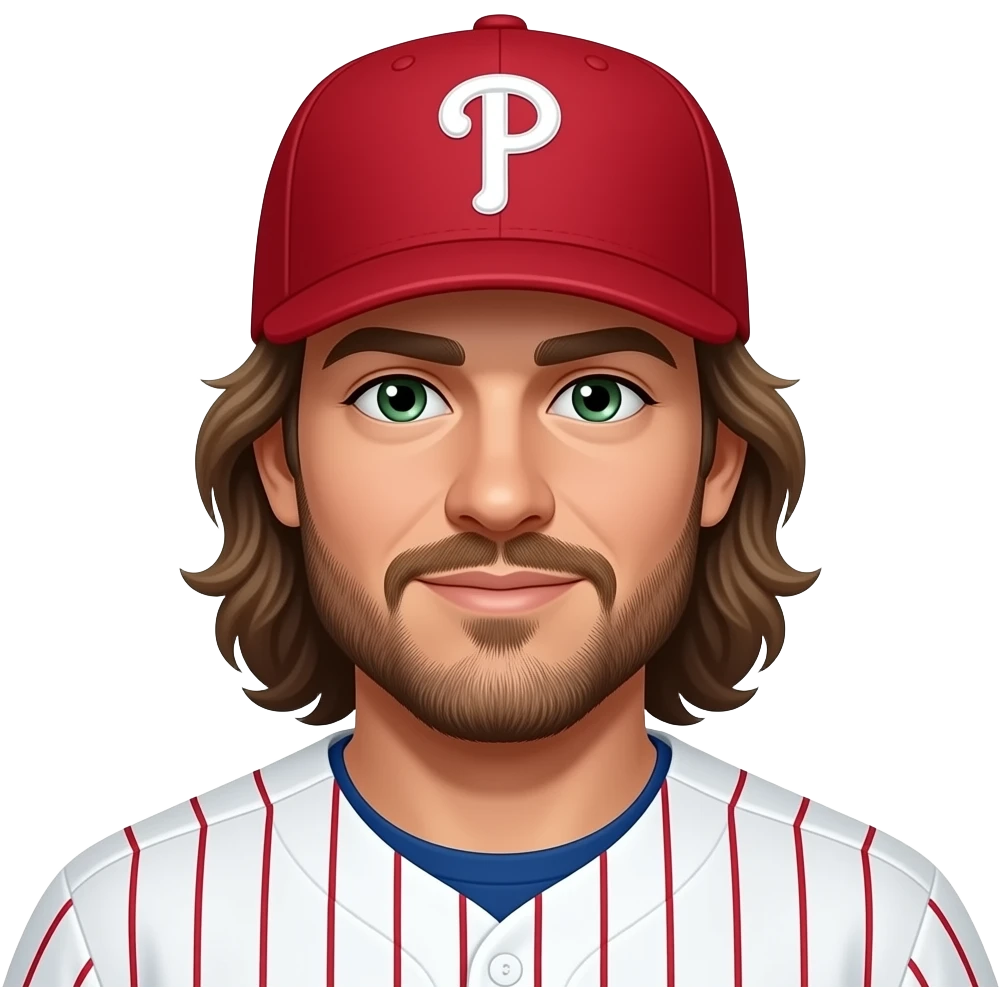 Long hair long scruffy beard green eyes Brandon marsh Phillies red hat and red pinstripes emoji