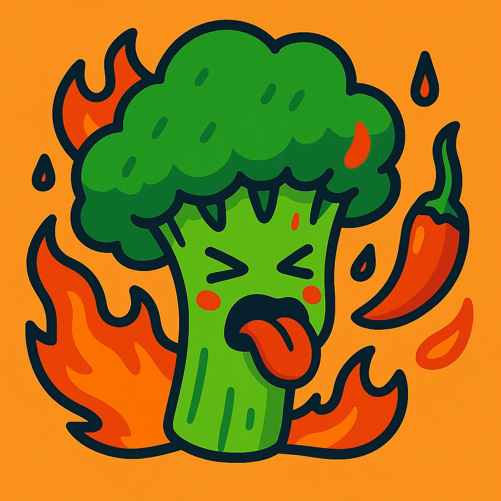 Spicy broccoli with a surprised, flushed face, not puking, in vibrant cartoon style with vivid colors and expressive features. emoji