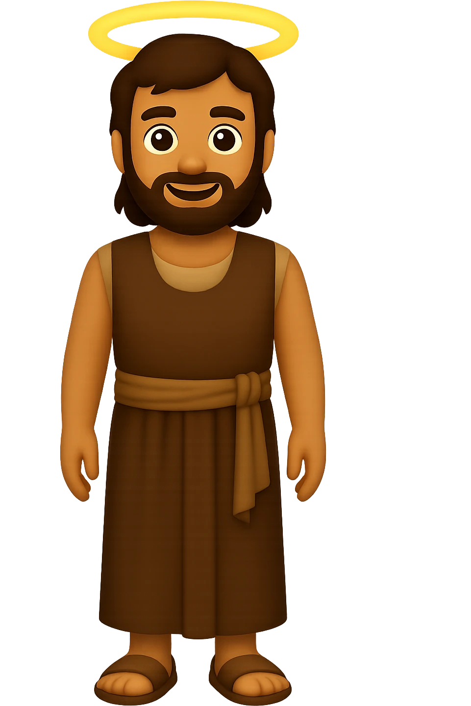 Create a centered full body image of Apostle Peter facing straight, wearing a sleeveless shirt and plain robes in classic emoji style. Use a brown clothes color palette with beige details in reverse color palette. He should have an expressive face, be smiling, and have a halo with no background. The style should mimic classic emoji style with no background. emoji