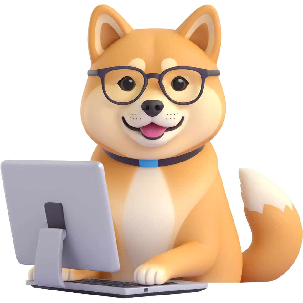 shiba inu with eye glasses and computer emoji