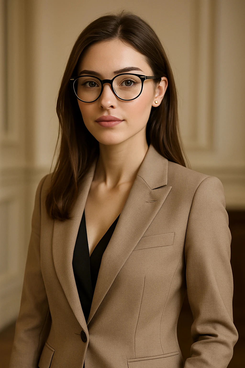 a pretty girl with glasses, wearing a suit, fashionable, subtle makeup emoji