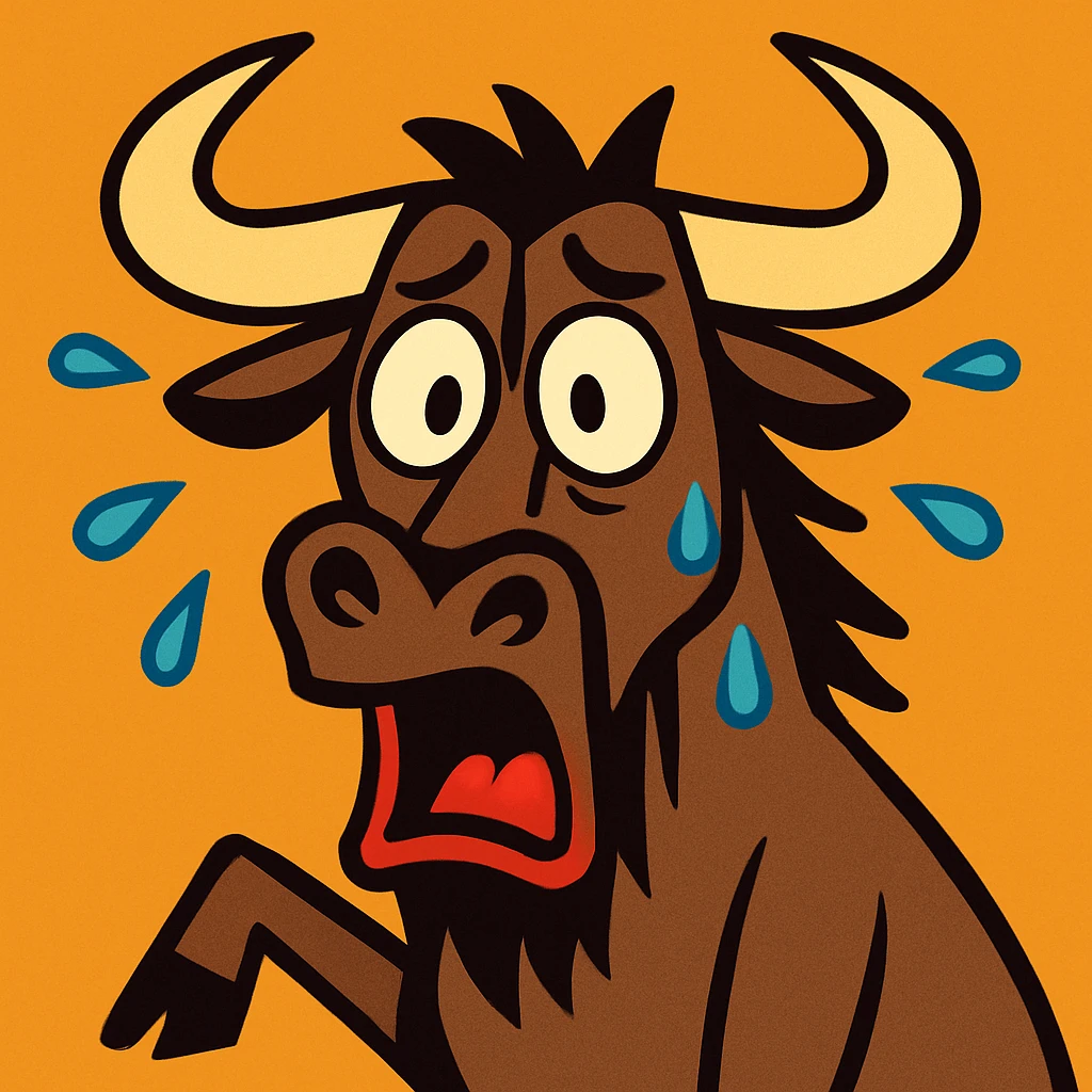 cartoon gnu with sweat drops and shocked face, bold animated cartoon style emoji