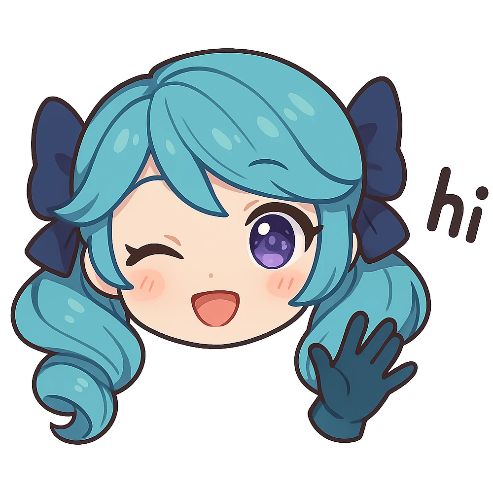 Gwen from League of Legends, chibi style, only head, right eye purple, one hand waving with glove, hi emote, sparkly eyes, no text emoji