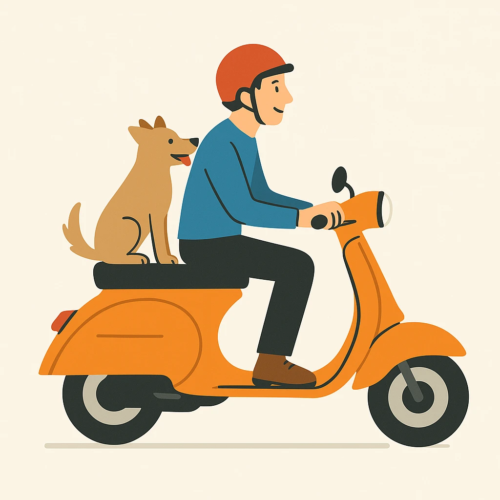 vector art of a man and his pet dog riding a vespa, for website design  emoji