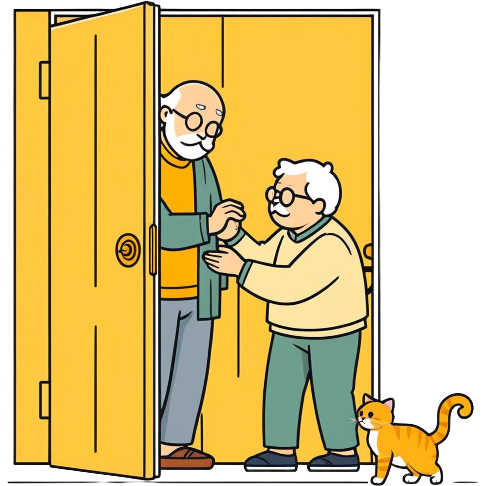  old blind man opening and closing the door four ￼his golden cat  emoji
