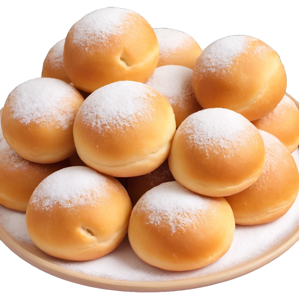 a Dutch fried dough ball, golden brown, round, slightly irregular, dusted with powdered sugar, appetizing, isolated on a transparent background emoji