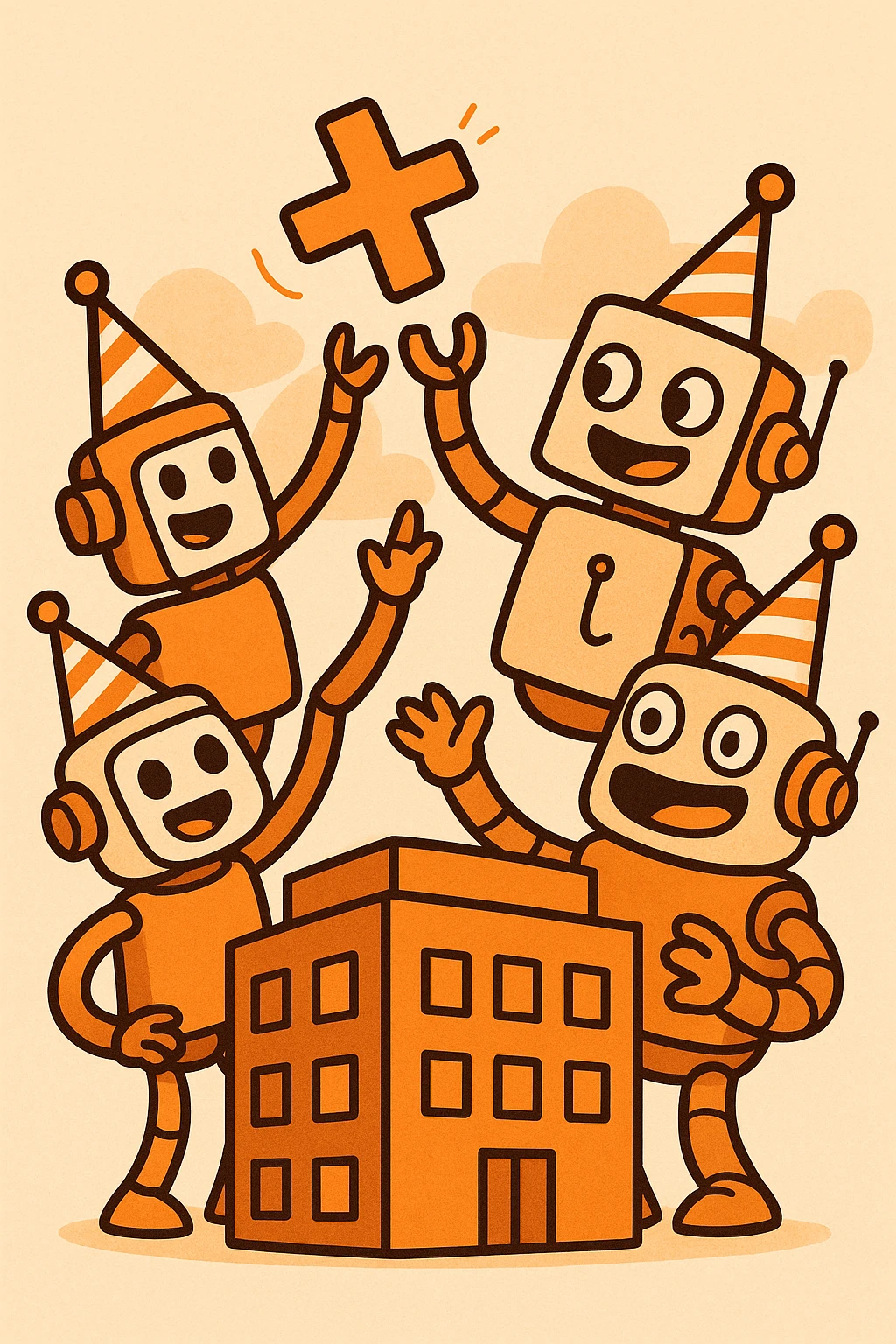 flat, whimsical icon with robots wearing party hats, grouped around an orange office building, tossing an orange plus sign in the air, playful, orange color palette, for a new customer organization created Slack webhook bot emoji