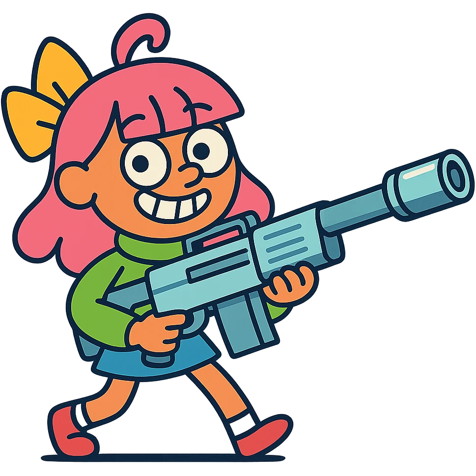 funny, positive stalker girl named Businka with a huge machine gun emoji