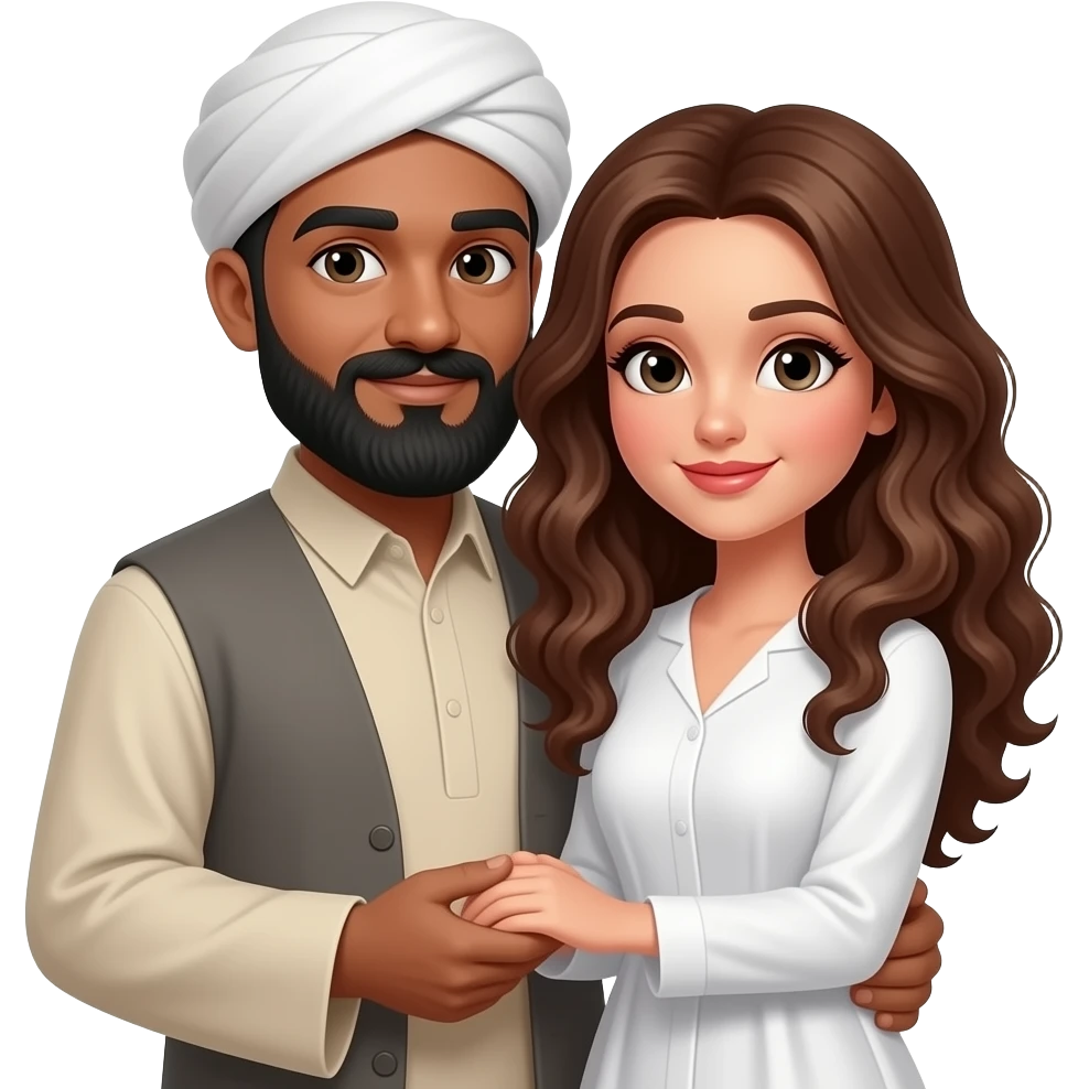 HiBlack bald bearded Muslimjj man holding white long curly brown haired female  Man is bald with nothing on his head No mustache on man emoji