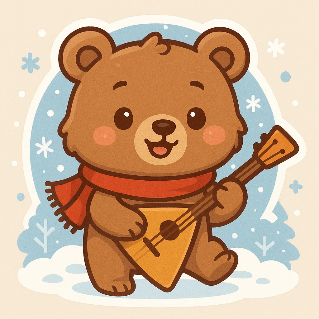 A Russian bear, stylized as a cartoon mascot, holding a balalaika, wearing a red scarf, snowy background with snowflakes and winter elements. emoji